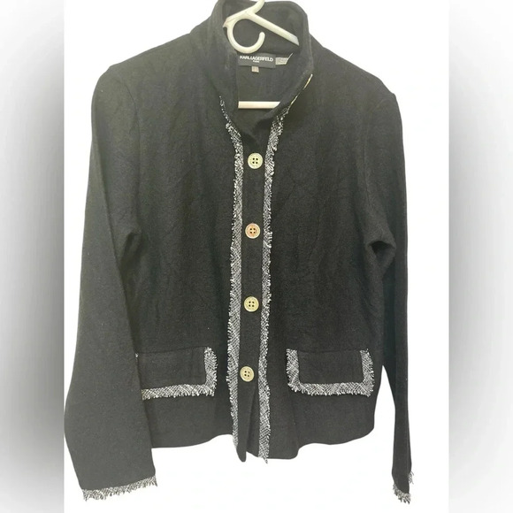 Karl Lagerfeld Paris black grey collared tweed details button down shacket - Picture 1 of 8
